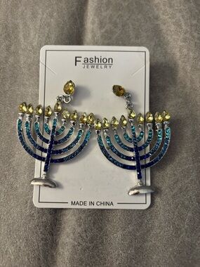 NEW Fashion Jewelry Blue and Yellow Menorah Statement Earrings